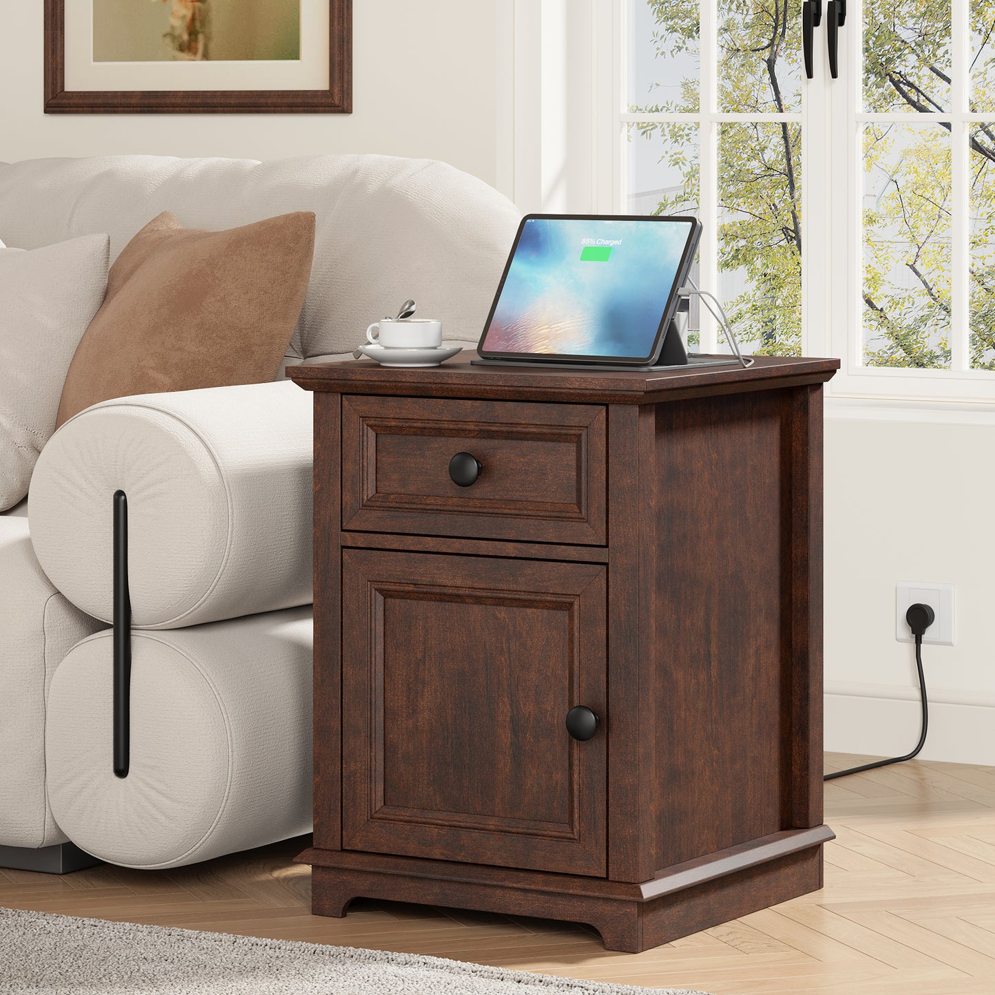 FAGAGA End Table with Fast USB C Charging Station, 24" Tall Sofa Side Table with Magnetic Door and Adjustable Storage Shelf, Wooden Square Storage Cabinet for Living Room, Bedroom, Office