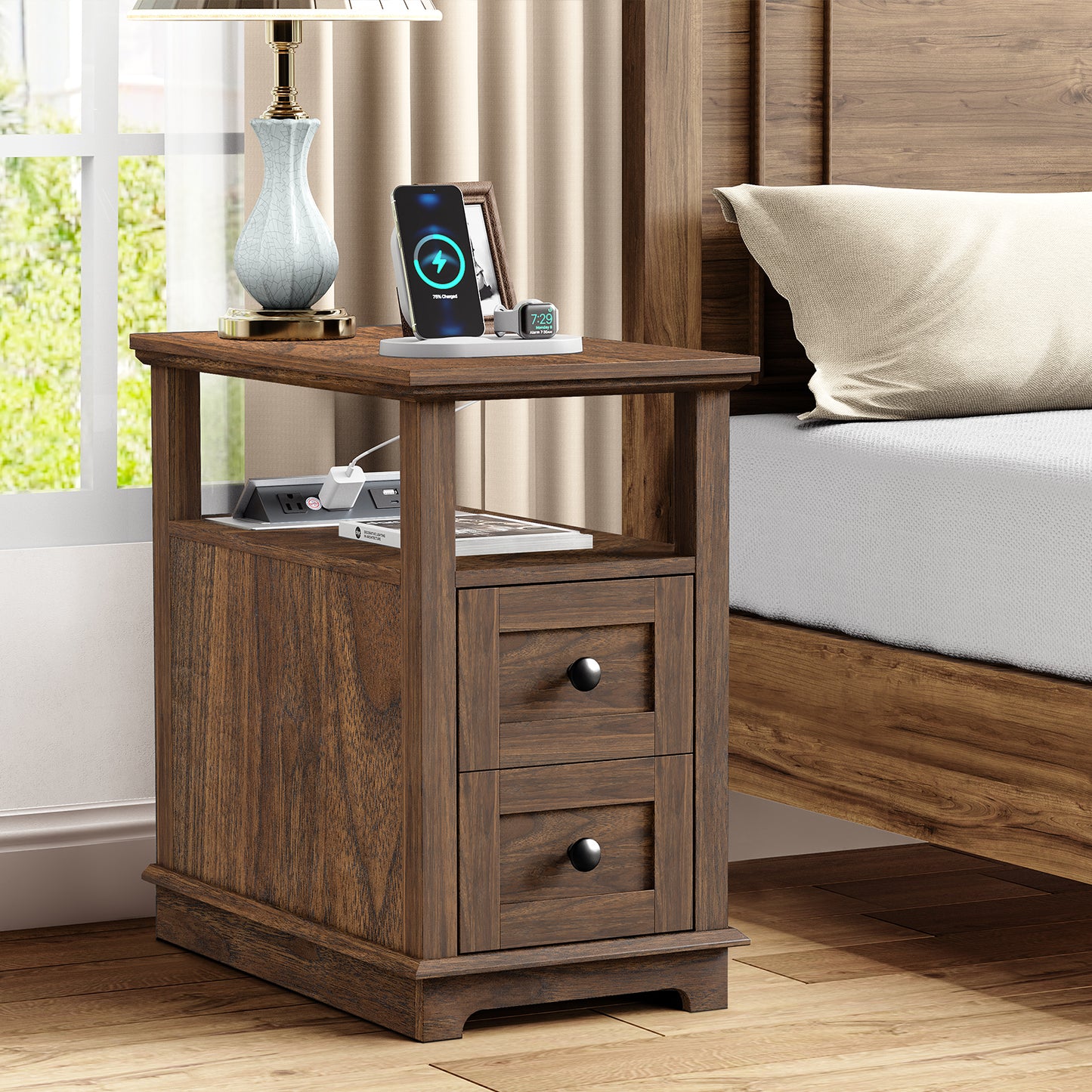 FAGAGA End Table with Charging Station, Vintage Sofa Side Table with 2 Drawers, Wood Rustic Nightstand with Open Storage Shelf for Bedroom, Living Room, Office