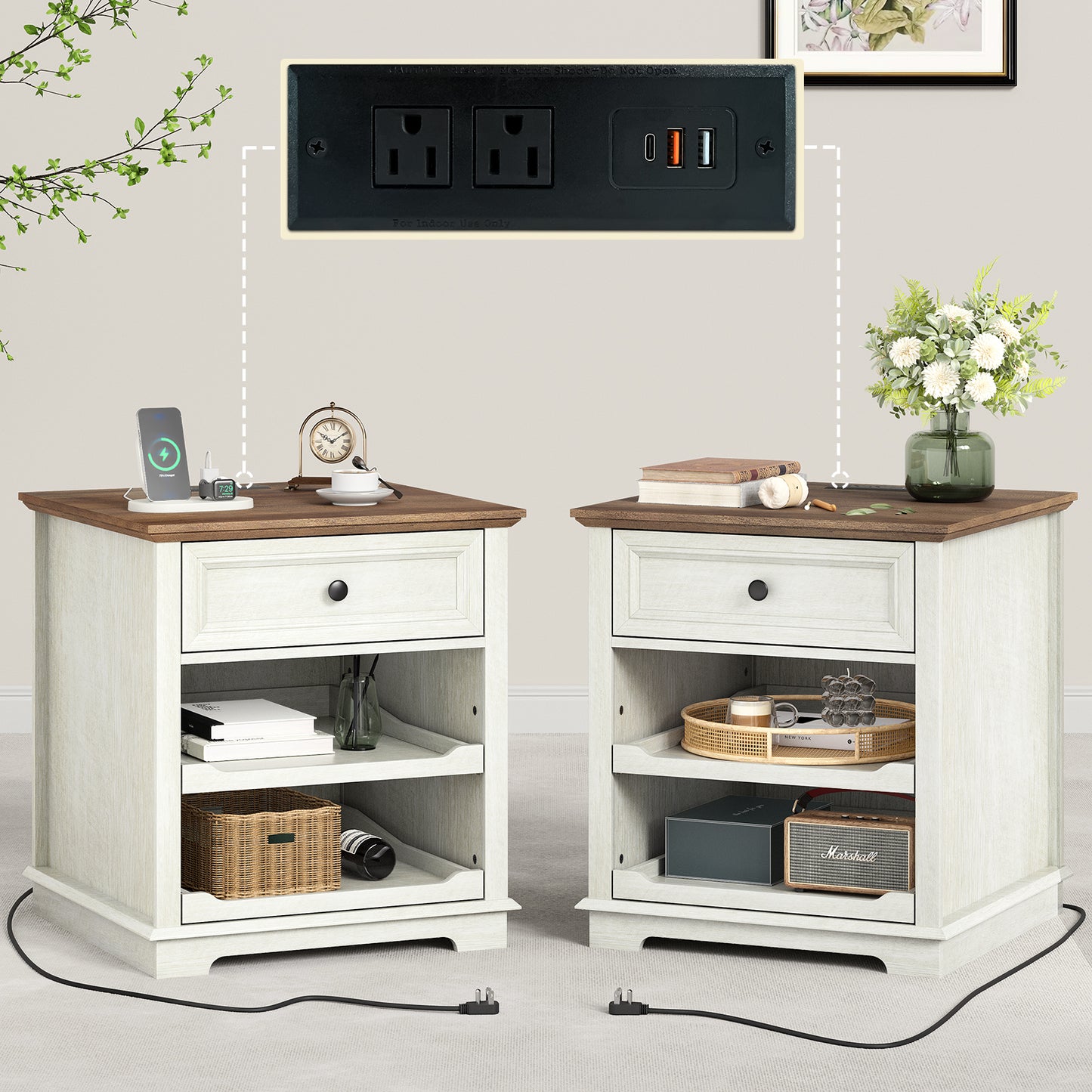 FAGAGA Farmhouse End Table with Charging Station, Side Table with Drawer & Storage Shelf, Nightstand for Living Room Bedroom, Dorm, Office
