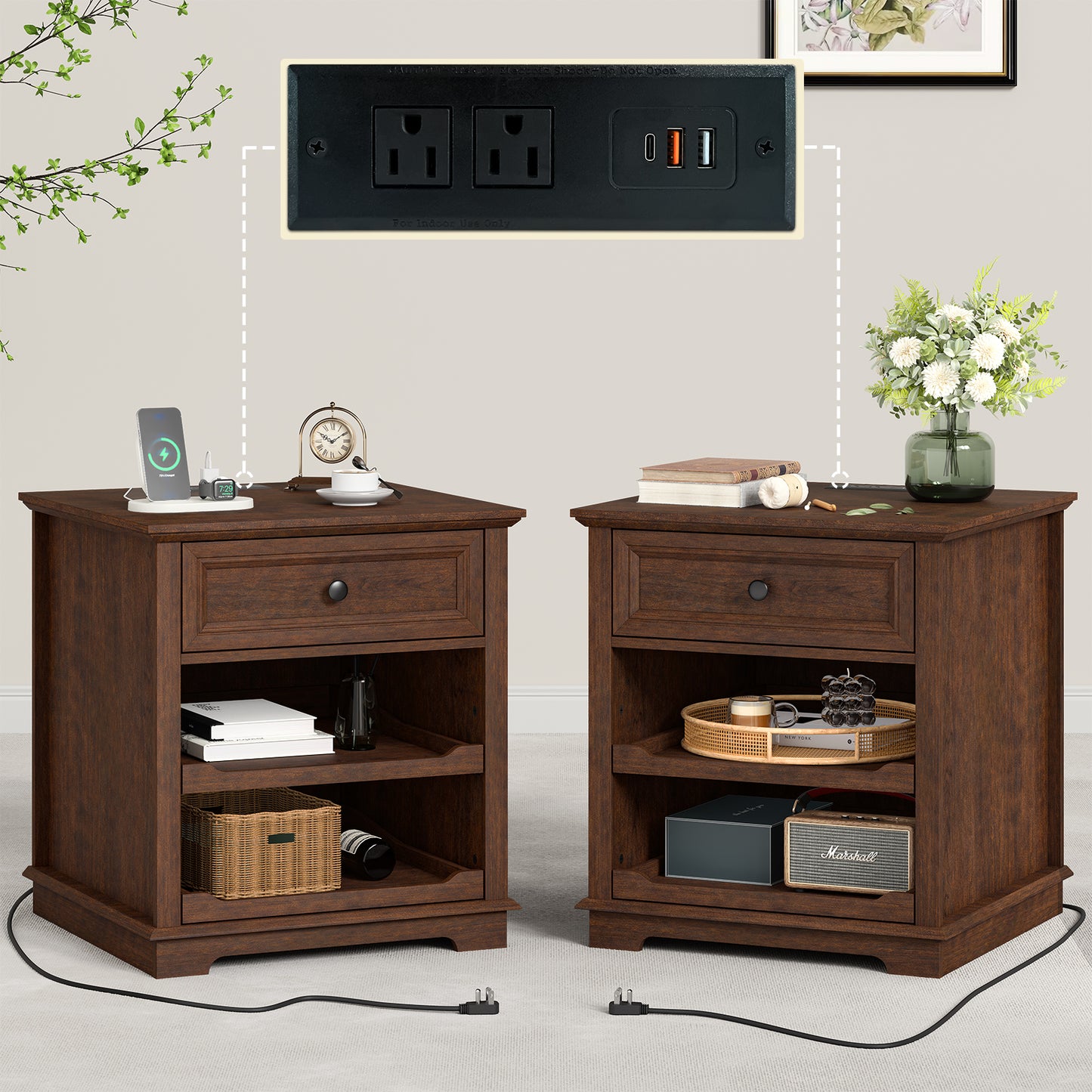 FAGAGA Farmhouse End Table with Charging Station, Side Table with Drawer & Storage Shelf, Nightstand for Living Room Bedroom, Dorm, Office