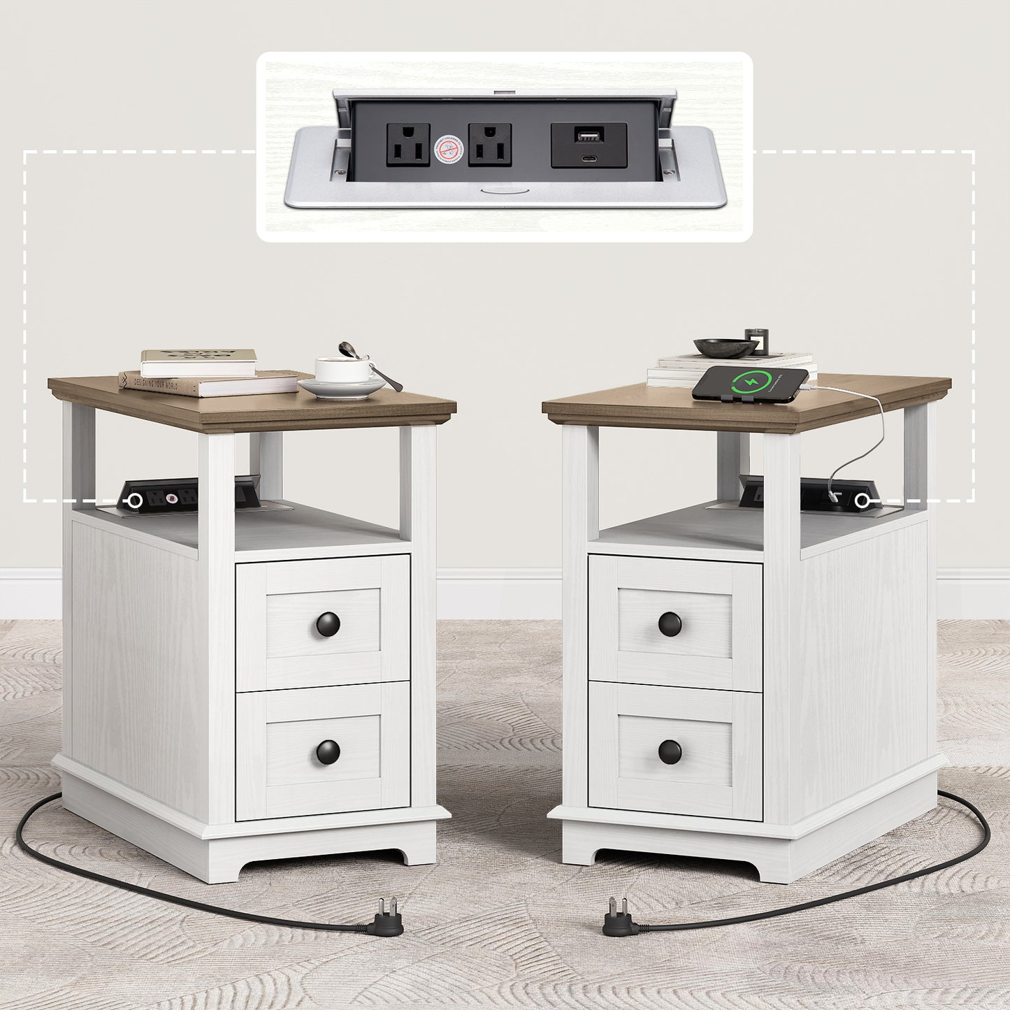 FAGAGA End Table with Charging Station, Vintage Sofa Side Table with 2 Drawers, Wood Rustic Nightstand with Open Storage Shelf for Bedroom, Living Room, Office