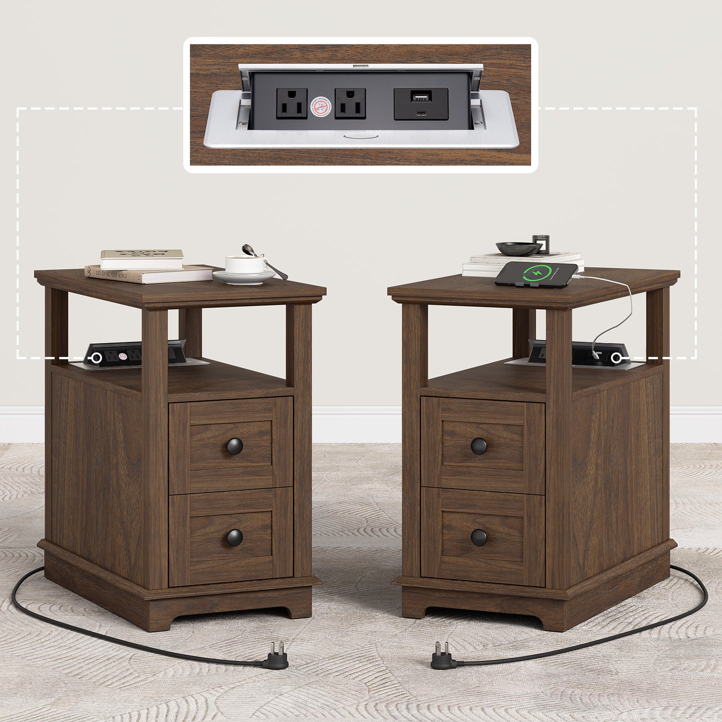 FAGAGA End Table with Charging Station, Vintage Sofa Side Table with 2 Drawers, Wood Rustic Nightstand with Open Storage Shelf for Bedroom, Living Room, Office