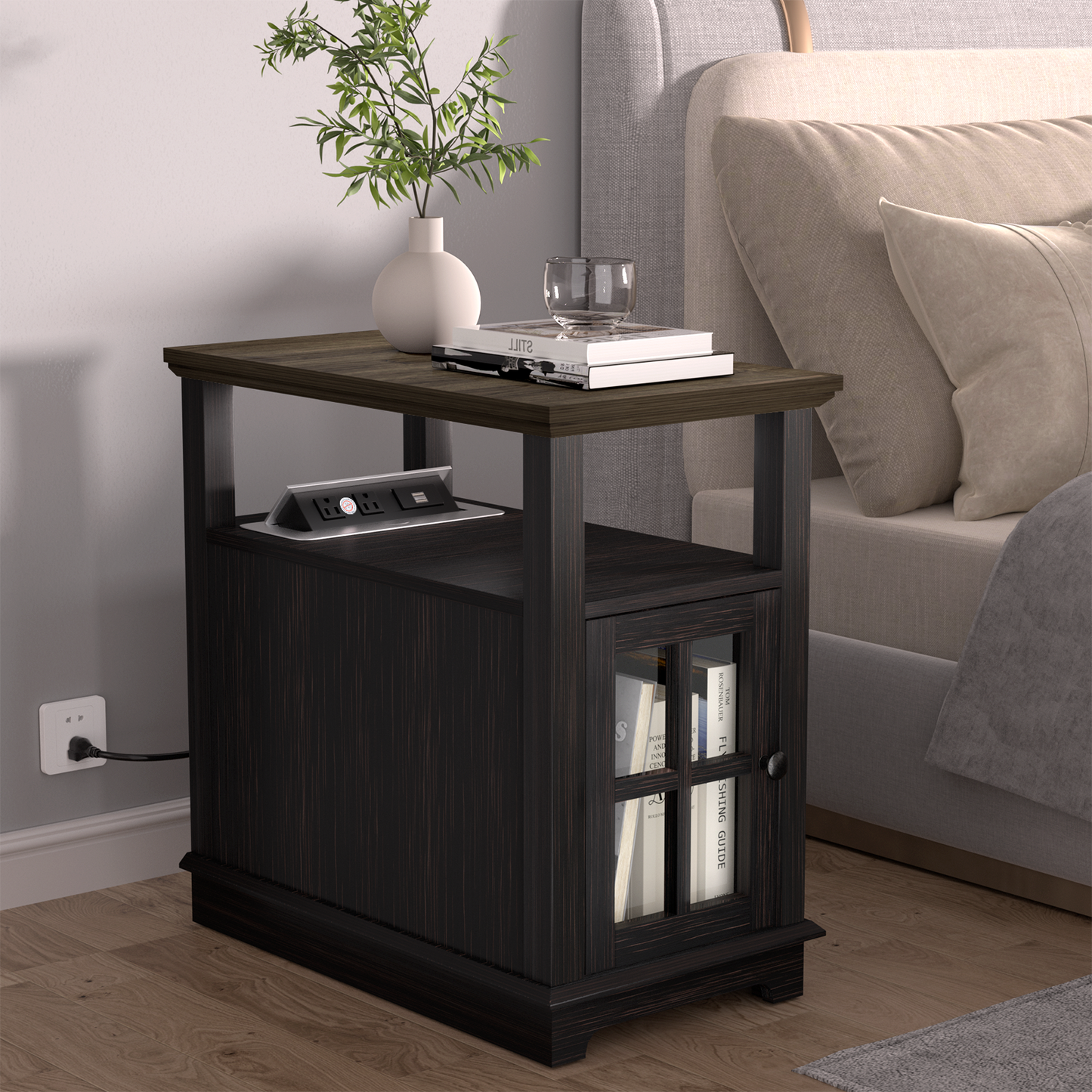 FAGAGA End Table with Charging Station, Side Table with Storage for Living Room and Bed Room, Power outlets & USB Ports, Adjustable Shelf