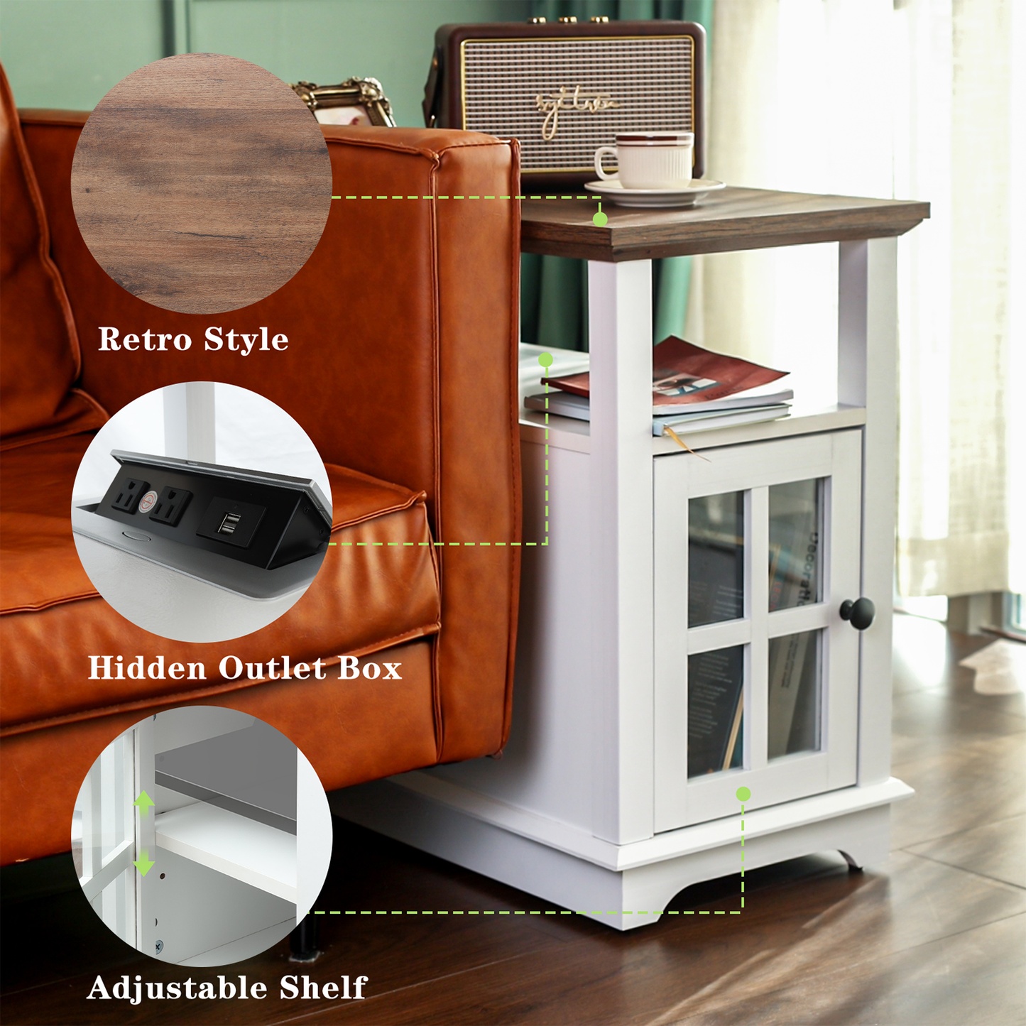 FAGAGA End Table with Charging Station, Side Table with Storage for Living Room and Bed Room, Power outlets & USB Ports, Adjustable Shelf